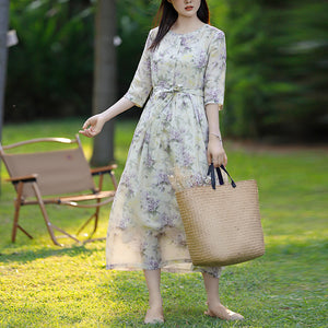 Đầm liền linen ngắn tay cổ tròn khuy cài in hoa lá - NU8266
