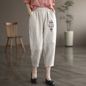 Quần baggy linen lưng thun thêu cô bé tóc xù - NU6830