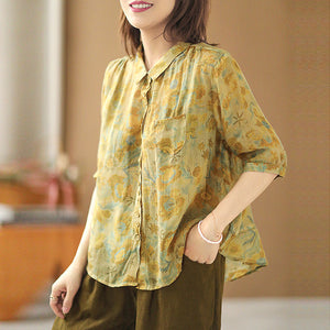 Áo sơ mi linen ngắn tay khuy cài cổ pipi in hoa lá một túi nhỏ - NU6953