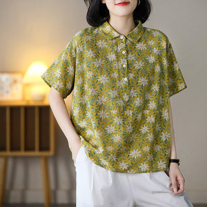 Áo sơ mi linen ngắn tay cổ đức in hoa lá bốn khuy - NU7537