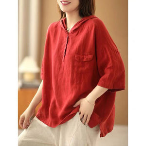 Áo sơ mi hoodies linen ngắn tay một màu - NU6820