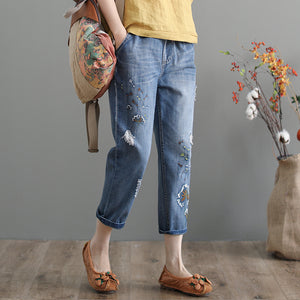Quần baggy denim thêu hoa bồ công anh - NU3794 - kamaka.vn - thời trang nhật