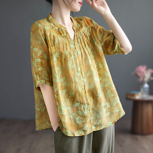 Áo sơ mi linen ngắn tay cổ V khuy đôi in hoa lá - NU8578