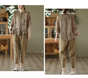 Áo sơ mi linen ngắn tay cổ pipi in hoa lá tà kiểu xòe - NU7557