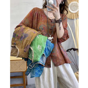 Áo sơ mi linen ngắn tay cổ tròn xếp ly đính bèo in hoa văn - NU7516