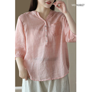 Áo sơ mi linen ngắn tay cổ V một túi vuông - NU8626
