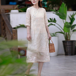 Đầm liền linen ngắn tay cổ tàu thêu hoa đơn sắc - NU8438