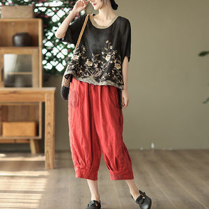 Áo T-shirt linen ngắn tay cổ tròn thêu hoa lá gợn sóng - NU8528