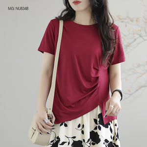 Áo T-shirt ngắn tay cổ tròn vạt chéo xếp ly - NU8347