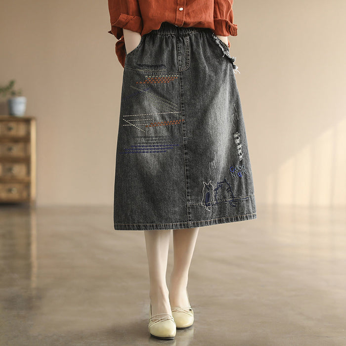 Chân váy denim lưng thun thêu hai chú mèo - V005