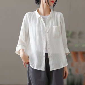 Áo sơ mi linen dài tay cổ pipi một túi xếp ly - NU6760