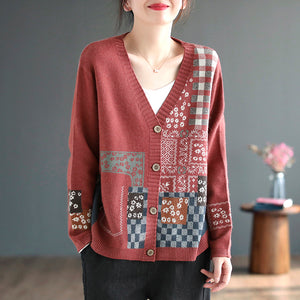 Áo khoác len cashmere dài tay cổ V hoa văn trừu tượng - NU7722