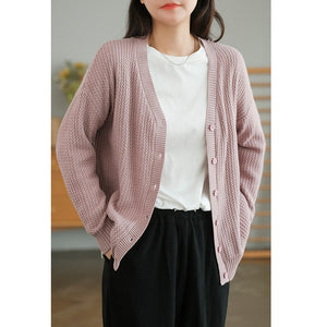 Áo khoác cardigan len đan kiểu bện thừng dài tay cổ V - NU7680