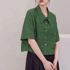 Áo sơ mi linen ngắn tay cổ sen nhọn hai túi vuông - NU7511