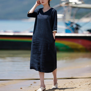 Đầm liền linen tay lửng cổ V bo viền một màu - NU8268