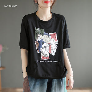 Áo T-shirt linen dệt kim ngắn tay cổ tròn in mặt chú gấu - NU8537