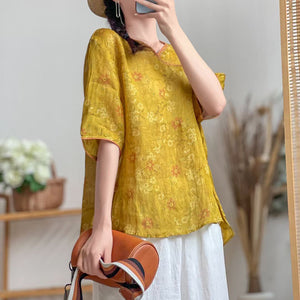Áo sơ mi linen ngắn tay cổ trái tim vạt chéo in hoa lá - NU7467