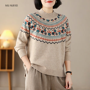 Áo len đan dài tay cổ lọ hoa văn retro trước ngực - NU8182