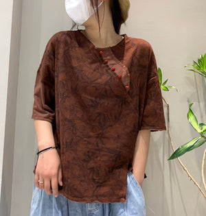 Áo T-shirt ngắn tay cổ tròn khuy tàu hoa văn retro - NU7170