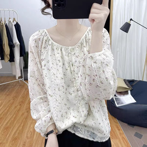 Áo sơ mi linen dài tay cổ tròn in hoa lá thêu ren hai lớp - NU8615