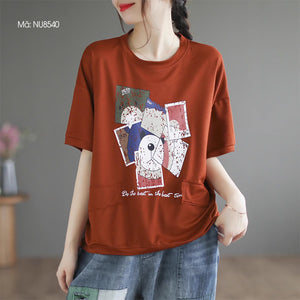 Áo T-shirt linen dệt kim ngắn tay cổ tròn in mặt chú gấu - NU8537