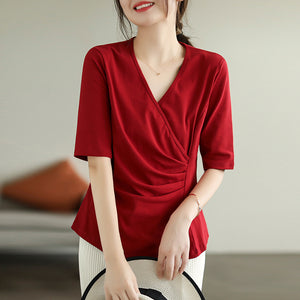 Áo T-shirt ngắn tay cổ V vạt chéo xếp ly - NU8303