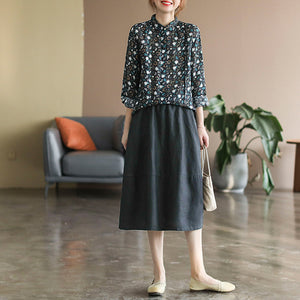 Áo sơ mi linen dài tay cổ pipi xếp ly in hoa nhí - NU6693