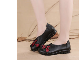 Giày da retro Morigirl đế bệt đính hoa may thủ công - OD0417