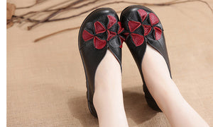 Giày da retro Morigirl đế bệt đính hoa may thủ công - OD0417