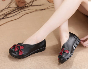 Giày da retro Morigirl đế bệt đính hoa may thủ công - OD0417