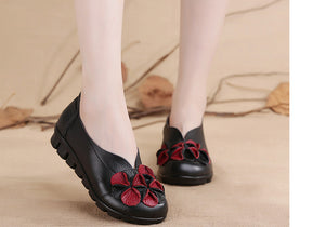 Giày da retro Morigirl đế bệt đính hoa may thủ công - OD0417
