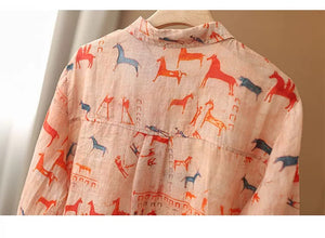 Áo sơ mi linen dài tay cổ đức in những chú ngựa - A916