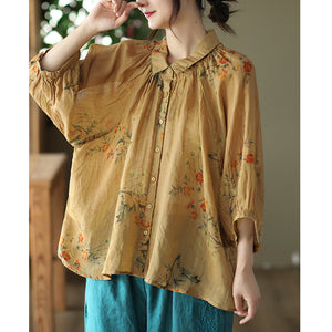Áo sơ mi linen ngắn cổ pipi xếp ly in bụi hoa - NU7435