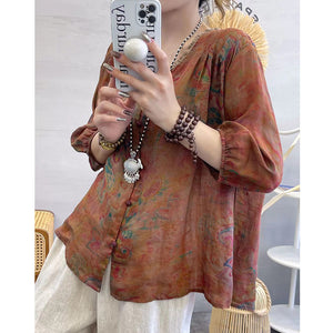 Áo sơ mi linen ngắn tay cổ tròn xếp ly đính bèo in hoa văn - NU7516