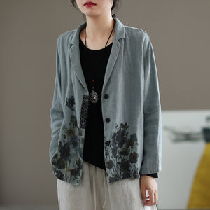Áo khoác vest linen dài tay hai túi tròn in hoa lá - NU7873