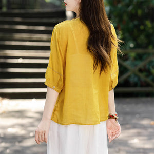 Áo sơ mi linen ngắn tay cổ tròn xẻ thêu đối xứng - NU8541