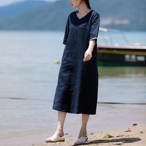 Đầm liền linen tay lửng cổ V bo viền một màu - NU8268