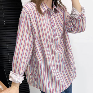 Áo sơ mi linen dài tay cổ đức kẻ sọc khuy vạt áo - NU8457