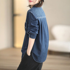 Áo sơ mi denim dài tay cổ đức form dài túi tam giác kiểu - NU8300