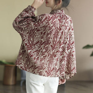Áo sơ mi linen dài tay cổ pipi xếp ly hoa văn trừu tượng - NU6727