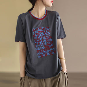 Áo T-shirt ngắn tay cổ tròn thêu hoa văn trừu tượng - NU8351