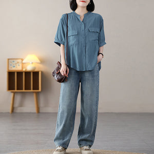 Áo sơ mi linen ngắn tay cổ V hai túi vuông - NU8560