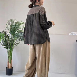 Áo sơ mi dài tay cổ đức kẻ sọc caro túi đính hoa - NU8154