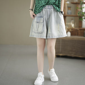 Quần sooc denim lưng thun một túi vuông kiểu sờn - NU7109