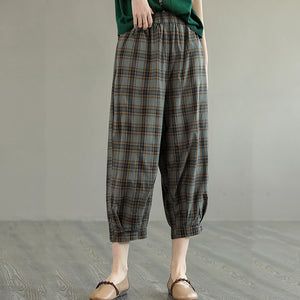Quần baggy linen lưng thun kẻ sọc caro ống túm một túi sau - NU7423