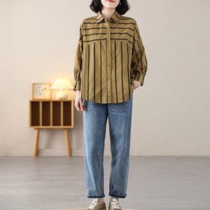 Áo sơ mi linen dài tay cổ đức kẻ sọc vạt mullet hai mảnh - NU8461