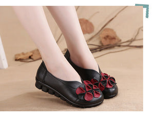 Giày da retro Morigirl đế bệt đính hoa may thủ công - OD0417
