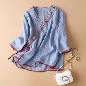 Áo sơ mi linen tay lửng cổ V viền thêu hoa văn - NU7162