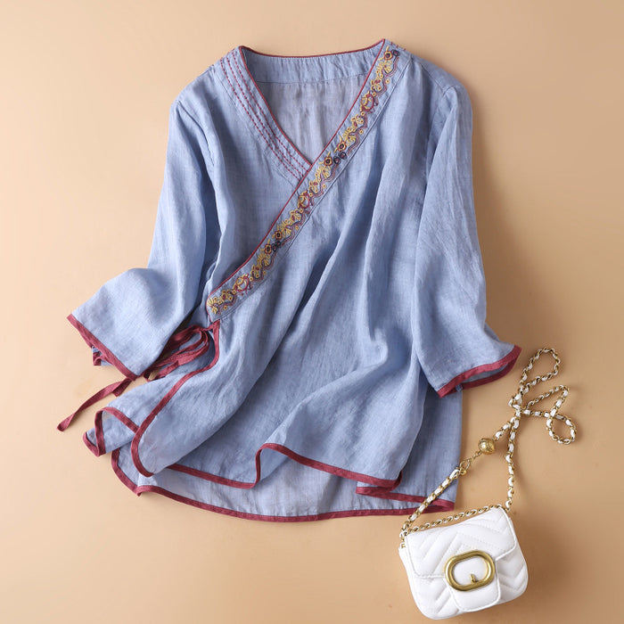 Áo sơ mi linen tay lửng cổ V viền thêu hoa văn - NU7162