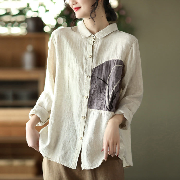 Áo sơ mi linen dài tay cổ đức thêu hoa lan  - NU6724